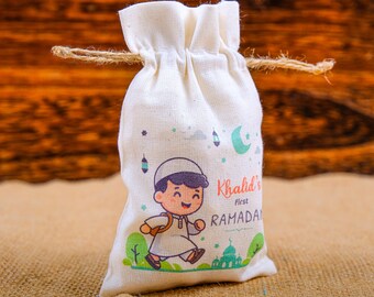 Personalized Eid Gift Bag for Kids - Custom Ramadan Favor Pouch - Islamic Party Goodie Bag - Cotton Treat Bag with Name - Gif Bag for Guests