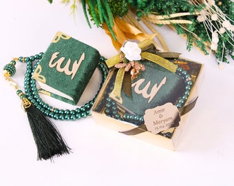 Personalisiertes Samt-Mini-Koran-Perlen-Tasbeeh-verziertes Box-Geschenkset | Eid-Gefallen | Hochzeitsgeschenk | Babypartybevorzugung | Muslimisches Partygeschenk