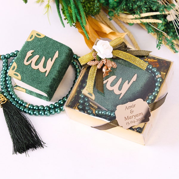 Set regalo personalizzato in velluto con mini Corano e perle Tasbeeh, scatola decorata, bomboniera per Eid, bomboniera per matrimonio, bomboniera per baby shower, bomboniera per feste musulmane