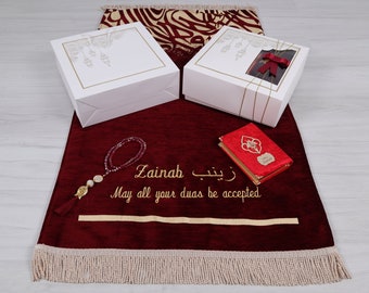 Personalized Luxury Thick Padded Velvet Red Prayer Mat Quran Tasbeeh Gift Set | Ramadan Eid Wedding Birthday Mother's Valentine's Day Gift