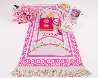 Personalized Kids Prayer Mat Quran Tasbih Gift Set for Girls | Salah Mat Janamaz Ramadan Eid Hajj Umrah Birthday Graduation Gifts for Kids