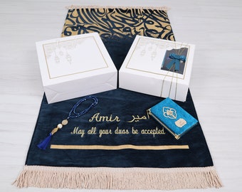 Ensemble cadeau Coran Tasbeeh personnalisé de tapis de prière de luxe épais en velours bleu sarcelle rembourré | Cadeau pour la Saint-Valentin des pères, anniversaire de mariage, ramadan Eid