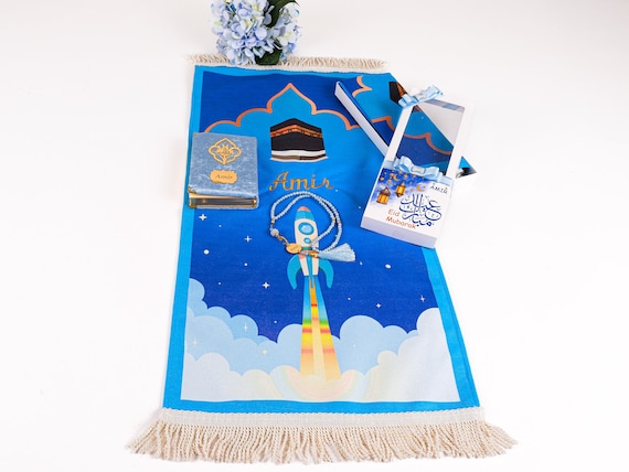 Personalized Kids Prayer Mat Quran Tasbih Gift Set for Boys | Salah Mat Janamaz Ramadan Eid Hajj Umrah Birthday Graduation Gifts for Kids