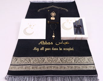 Personalized Prayer Mat Gift Set: Woven Rug, Quran, Tasbeeh | Ramadan Favors, Eid Gifts, Islamic Wedding, Muslim Gift for Mother & Father