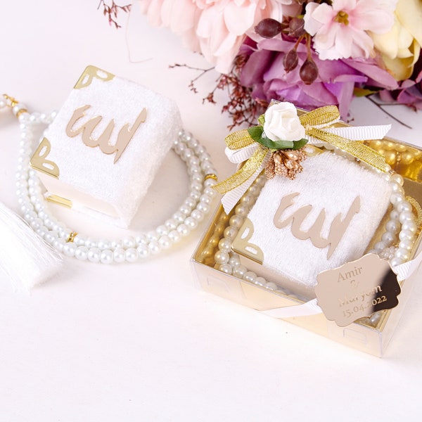 Personalized Velvet Mini Quran Pearl Tasbeeh Decorated Box Gift Set | Eid Favor | Wedding Favor | Baby Shower Favor | Muslim Party Favor