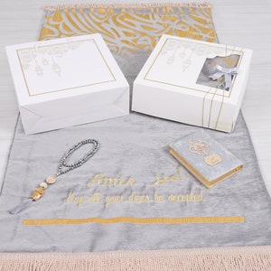Juego de regalo personalizado de tapete de oración de terciopelo grueso y acolchado con tasbih del Corán para Ramadán, Eid, bodas, cumpleaños, día del padre, San Valentín