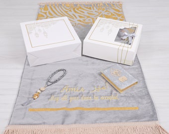 Personalizado de lujo grueso acolchado terciopelo gris alfombra de oración Corán Tasbeeh regalo set / Ramadán Eid boda cumpleaños padre regalos del día de San Valentín