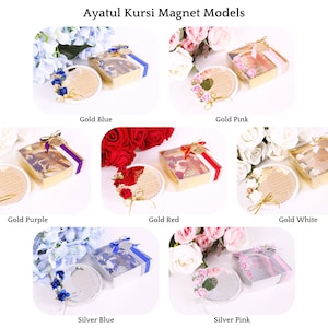 Peut inclure: Un ensemble de mod&egrave;les d'aimants Ayatul Kursi dans diff&eacute;rentes couleurs, notamment bleu or, rose or, violet or, rouge or, blanc or, bleu argent et rose argent. Chaque aimant est pr&eacute;sent&eacute; dans une bo&icirc;te transparente avec un arrangement floral d&eacute;coratif.