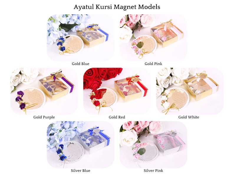 Peut inclure: Un ensemble de mod&egrave;les d'aimants Ayatul Kursi dans diff&eacute;rentes couleurs, notamment bleu or, rose or, violet or, rouge or, blanc or, bleu argent et rose argent. Chaque aimant est pr&eacute;sent&eacute; dans une bo&icirc;te transparente avec un arrangement floral d&eacute;coratif.