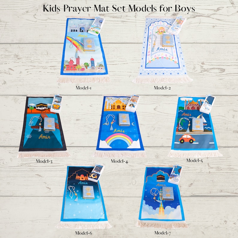 May include: A collection of seven prayer mat sets for boys, each featuring a unique design with a matching prayer book and accessories. The mats are in various colors, with illustrations of landmarks, rainbows, and vehicles. The text "Kids Prayer Mat Set Models for Boys" is at the top.