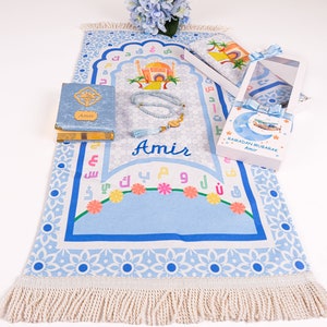 Personalisierte Kinder Gebetsmatte Koran Tasbih Geschenkset für Jungen | Salah Mat Janamaz Ramadan Eid Hajj Umrah Geburtstag Geschenke für Kinder