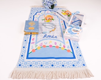 Juego de alfombra de oración infantil personalizada, alfombra de oración infantil musulmana personalizada con caja para el Corán y el Tasbih, regalo de graduación del Corán, recuerdo de Ameen, regalo de Eid, cumpleaños
