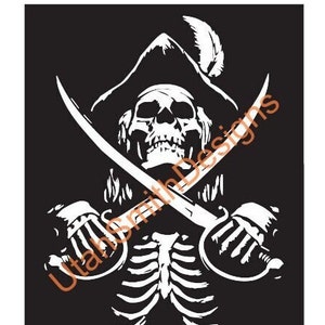 May include: Black and white illustration of a pirate skull with a feathered hat and crossed swords. The skull is wearing a bandana and has a skeletal ribcage.