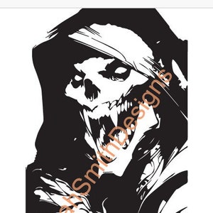 May include: Black and white illustration of a hooded skeletal figure with a menacing expression. The figure is depicted with a large, open mouth and sharp teeth.