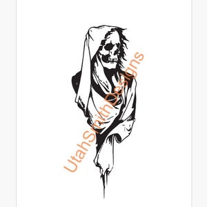 May include: Black and white illustration of a hooded figure with a skull face. The figure is standing with its head bowed and its hands clasped in front of it.