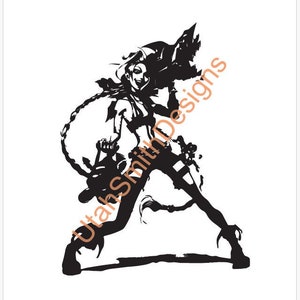 以下が含まれることがあります： 武器を持った女性のキャラクターの白黒シルエット。キャラクターは長い髪で、短いトップスとパンツを着用しています。画像はデジタルイラストです。