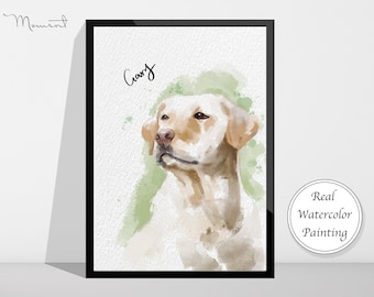 May include: A watercolor painting of a golden retriever dog with the name "Grog" written above it. The painting is framed in a black frame and has a white background.