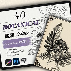 Peut inclure: Une illustration numérique d'une collection de 40 pinceaux de tatouage botanique pour Procreate, Clip Studio Paint et Photoshop. L'image montre une illustration en noir et blanc d'une fleur et une illustration en noir et blanc d'une branche avec des baies.