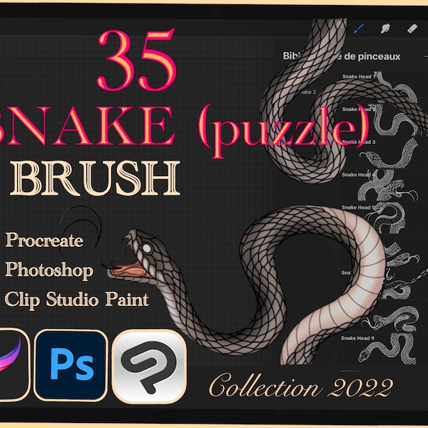 35 SNAKE PUZZLE-penselen voor Procreate / Photoshop / Clip Studio Paint (collectie 2022)