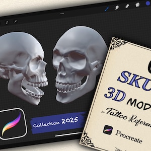 May include: Digital artwork featuring two gray 3D skull models displayed on a tablet screen. A card with the text "6 Skull 3D Models for Tattoo Reference" is visible. The Procreate app logo is also shown.