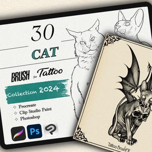 Puede incluir: Una ilustración digital de una colección de 30 pinceles de tatuaje de gato para Procreate, Clip Studio Paint y Photoshop. La imagen muestra un dibujo en blanco y negro de un gato con alas y una calavera.