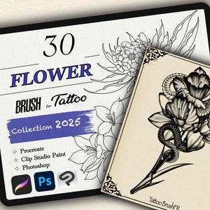 Puede incluir: Colección de arte digital "30 Flower Brush Tattoo Collection 2025" con diseños de tatuajes florales. La imagen incluye una tarjeta con un diseño de tatuaje floral y serpiente. Compatible con Procreate, Clip Studio Paint y Photoshop.