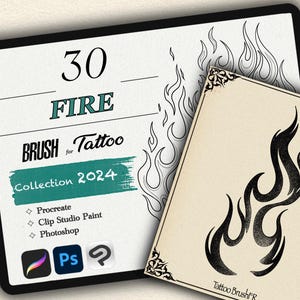 Könnte beinhalten: Eine digitale Illustration einer Sammlung von 30 Feuer-Tattoo-Pinseln für Procreate, Clip Studio Paint und Photoshop. Das Bild zeigt eine schwarz-weiße Umrandung eines Feuerdesigns und ein schwarz-weißes Feuerdesign auf einem beigefarbenen Hintergrund.