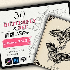 May include: A digital illustration of 30 butterfly and bee tattoo brush designs for Procreate, Clip Studio Paint, and Photoshop. The image shows a collection of detailed line art drawings of butterflies and bees.