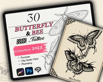 May include: A digital illustration of 30 butterfly and bee tattoo brush designs for Procreate, Clip Studio Paint, and Photoshop. The image shows a collection of detailed line art drawings of butterflies and bees.