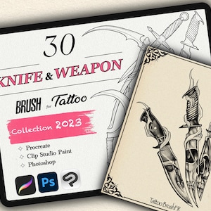 30 PINCELES DE CUCHILLO Y ARMA para Procreate, Photoshop y Clip Studio Paint (colección 2023)