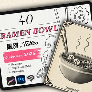 Puede incluir: Una ilustraci&oacute;n digital de un taz&oacute;n de fideos ramen con palillos, vapor saliendo del taz&oacute;n y el texto "Tattoo BrushFR".