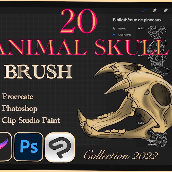 20 ANIMAL SKULL BRUSH for Procreate / Photoshop / Clip Studio Paint (collection 2022)