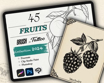 May include: A digital illustration of 45 fruits for tattoo brushes. The image shows a black and white illustration of two blackberries on a branch with leaves. The text "45 Fruits Brush for Tattoo Collection 2024" is displayed on a teal background. The image also includes logos for Procreate, Clip Studio Paint, and Photoshop.