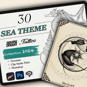 以下が含まれることがあります： タトゥーアーティスト向けのデジタルブラシ30本セットのプレビュー画像。タツノオトシゴと貝殻のデジタルイラスト。ブラシはProcreate、Clip Studio Paint、Photoshopに対応。画像には「30 SEA THEME BRUSH for Tattoo Collection 2024」のテキストが表示されています。