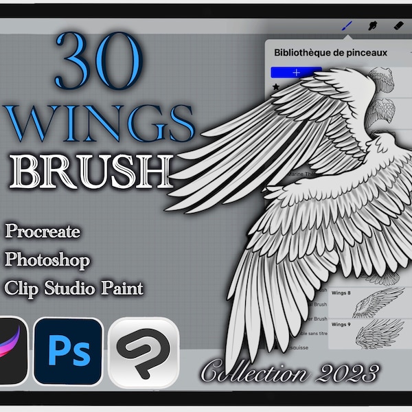 30 VLEUGELS BORSTEL voor Procreate / Photoshop / Clip Studio Paint (collectie 2023)