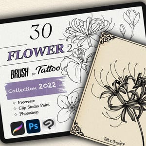 May include: A digital illustration of 30 flower tattoo brushes for Procreate, Clip Studio Paint, and Photoshop. The image shows a collection of black and white flower designs, including a cluster of lilies with long, thin petals.