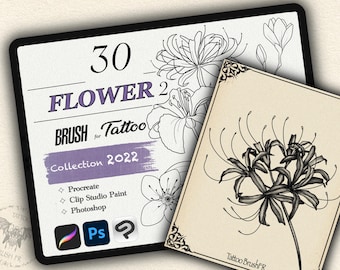 May include: A digital illustration of 30 flower tattoo brushes for Procreate, Clip Studio Paint, and Photoshop. The image shows a collection of black and white flower designs, including a cluster of lilies with long, thin petals.