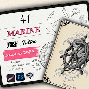 May include: A collection of 41 digital brushes for tattoo artists, featuring a nautical theme. The brushes are compatible with Procreate, Clip Studio Paint, and Photoshop. The image shows a compass, an anchor, and an octopus wrapped around a ship's wheel.