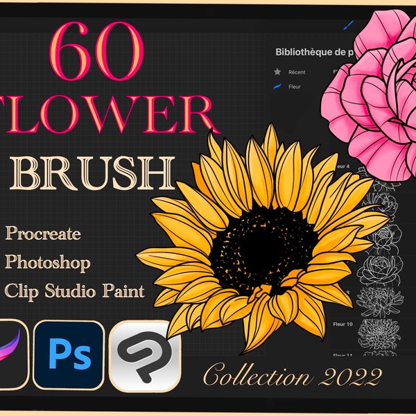 60 FLOWER BRUSH for Procreate / Photoshop / Clip Studio Paint (collection 2022)