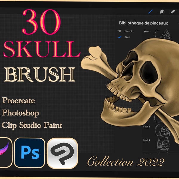 30 PĘDZEL CZASZKA do Procreate / Photoshop / Clip Studio Paint (kolekcja 2022)