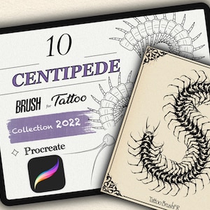 Könnte beinhalten: Eine digitale Kunstsammlung für Procreate mit Tattoo-Pinseln für Tausendfüßler. Das Design umfasst eine Schwarz-Weiß-Illustration eines Tausendfüßlers und den Text "10 Centipede Brush Tattoo Collection 2022". Das Procreate App-Logo ist ebenfalls sichtbar.