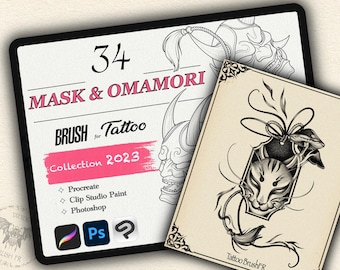 May include: A digital illustration of a Japanese mask and charm, with the text "34 MASK & OMAMORI BRUSH for Tattoo Collection 2023" and logos for Procreate, Clip Studio Paint, and Photoshop.