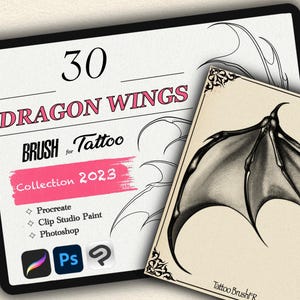Peut inclure: Une illustration numérique de 30 pinceaux d'ailes de dragon pour les tatoueurs. L'image montre une collection d'ailes de dragon dans différents styles, y compris réalistes, stylisés et cartoon. Les pinceaux sont conçus pour être utilisés dans Procreate, Clip Studio Paint et Photoshop. Le texte "30 DRAGON WINGS BRUSH for Tattoo Collection 2023" est affiché sur l'image.