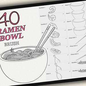 Puede incluir: Una ilustraci&oacute;n en blanco y negro de un cuenco de ramen con palillos y fideos. Hay 40 elementos de pincel diferentes para el cuenco de ramen, incluyendo cuencos, palillos, fideos, carne y gambas.