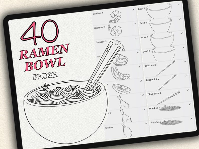 Puede incluir: Una ilustraci&oacute;n en blanco y negro de un cuenco de ramen con palillos y fideos. Hay 40 elementos de pincel diferentes para el cuenco de ramen, incluyendo cuencos, palillos, fideos, carne y gambas.
