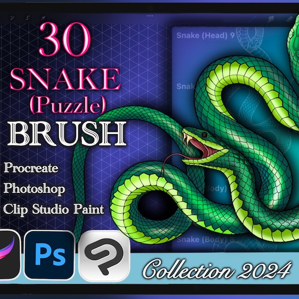 30 CEPILLOS DE ROMPECABEZAS DE SERPIENTE para Procreate / Photoshop / Clip Studio Paint