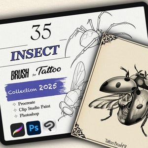 Op de afbeelding: Digitale tattoo brush collectie met 35 insecten ontwerpen. De afbeelding toont een spin, een vlieg en een lieveheersbeestje met een schedelmotief. Tekst bevat "INSECT BRUSH for Tattoo Collection 2025" en software compatibiliteit.