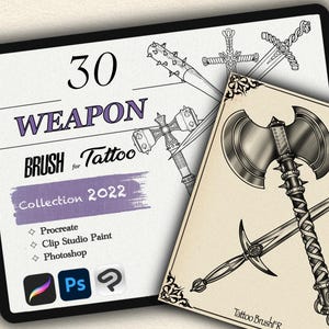 30 wapenpenselen voor Procreate / Photoshop / Clip Studio Paint (collectie 2022)