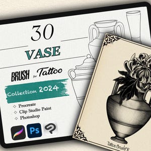 Op de afbeelding: Een verzameling van 30 digitale penselen voor Procreate, Clip Studio Paint en Photoshop. De penselen zijn ontworpen om realistische vaasillustraties te maken voor tatoeagedesigns. De afbeelding toont een zwart-witte illustratie van een vaas met bloemen.