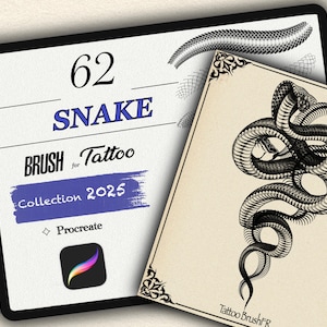 May include: A digital art collection for tattoo designs. The image features a card with the text "62 SNAKE BRUSH for Tattoo Collection 2025" and a Procreate logo. A second card displays a detailed black and white snake illustration.